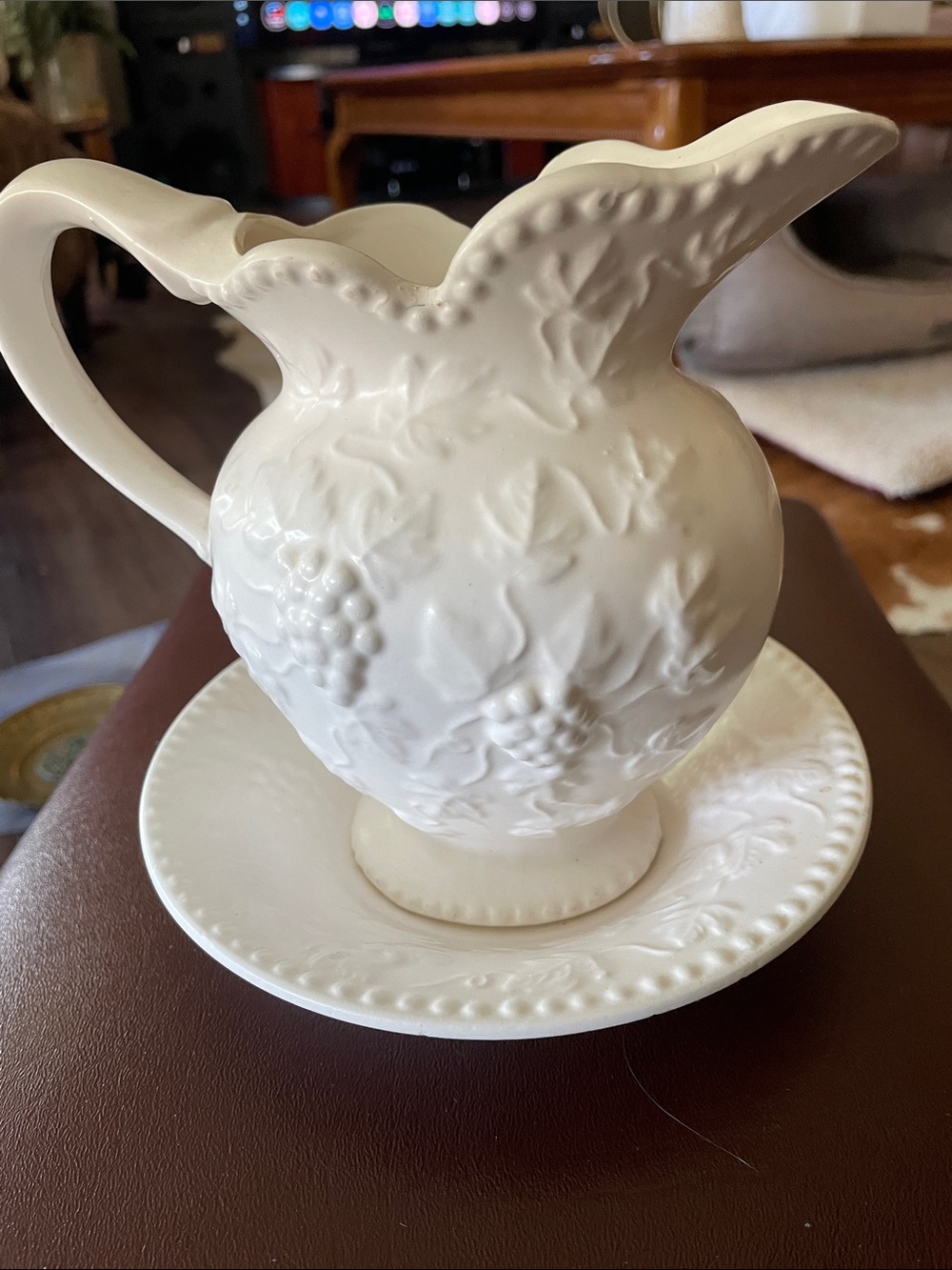 VTG White Ceramic Grapes Pitcher & Bowl